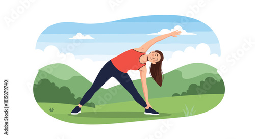 A smiling young woman in sportswear doing a triangle yoga pose or side stretch in a beautiful green park outdoors.