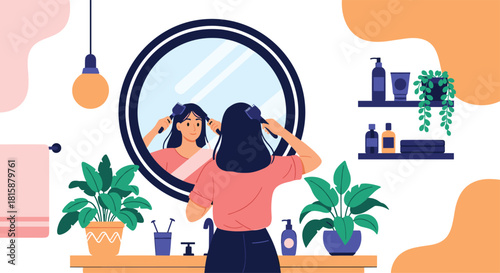 A young woman is standing in her stylish bathroom and brushing her long dark hair in front of a round mirror.