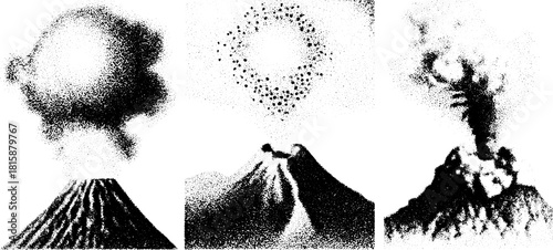 Volcano eruption in silhouette style. Black vector illustration showcasing smoke and ash in dynamic forms, suitable for various contexts.