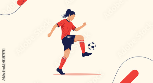 A female soccer player in a red jersey and shorts is skillfully juggling the ball with her knee during practice.