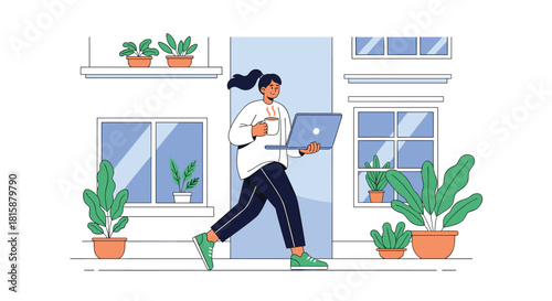 Young female freelancer with a ponytail walks energetically outside a modern building holding a laptop and a cup of coffee.