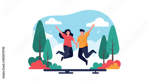 Happy young couple holds hands while jumping out of a television screen into a beautiful green park with trees and clouds.