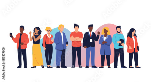 A full-length illustration of a large group of diverse and confident people from various backgrounds standing together as one.