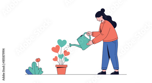 A young woman lovingly waters a potted plant that is growing colorful hearts symbolizing self-care and emotional growth.