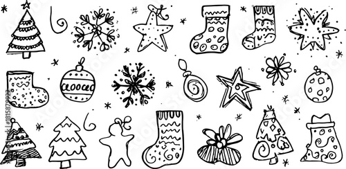Christmas tree, star, snowflake, and stocking decorations in hand-drawn style. Simple vector illustration for holiday celebrations set.