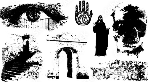 Vintage engraving illustration featuring a skull, an eye, a hand symbol, and architectural elements. Monochrome vector art with detailed outlines in a set.