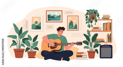 A talented musician is playing an acoustic guitar while sitting on the floor in a stylish room with plants and an amplifier.