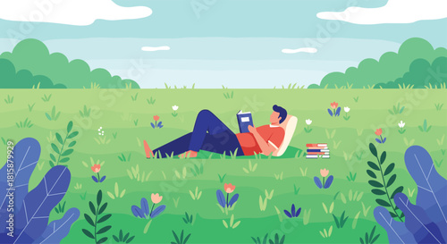 A man is relaxing in a beautiful green meadow on a sunny day while reading a good book to escape and find tranquility.