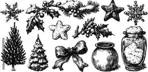 Christmas tree, holly, and snowflakes in a vintage vector illustration. Festive decorations include cookies, bows, and jars in a charming set for the holiday season.
