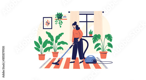 A woman is doing household chores by cleaning a striped rug in her bright and cozy living room with a modern vacuum cleaner.