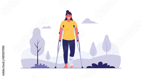 A happy and resilient young woman with a broken leg in a cast is smiling while walking with crutches through a lovely park.