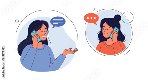 Two female friends are having a pleasant and engaging conversation with each other while talking on their mobile phones.