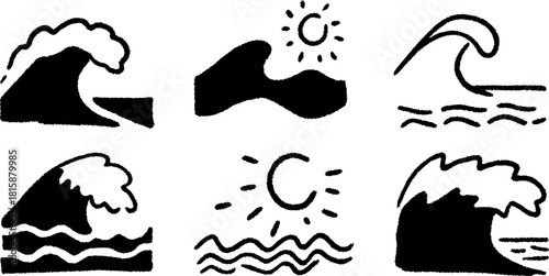 Set of wave illustrations in a black and white style. Features ocean elements with sun and water in a vector illustration for marine themes.