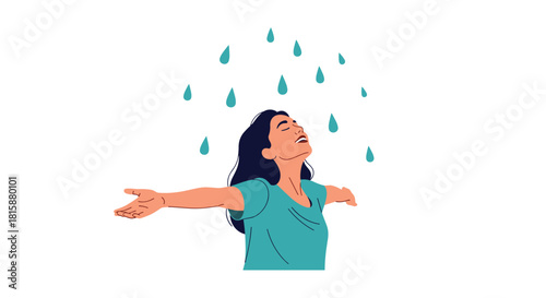 A joyful young woman with her arms outstretched and face turned to the sky is happily embracing the falling raindrops.