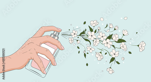 A delicate hand spraying a perfume bottle that releases a beautiful mist of fresh white flowers and green leaves inside.