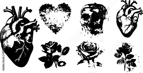 Heart and skull illustrations, accompanied by rose designs, create a unique vector illustration set. The monochrome style adds a vintage and gothic flair.