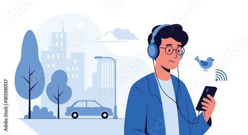 A young man wearing glasses and headphones is listening to music or a podcast on his smartphone while in a city park.