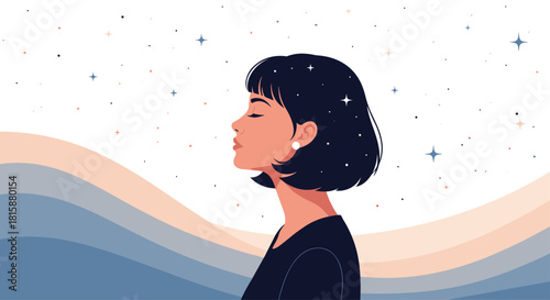 A serene profile of a beautiful young woman with her eyes closed and starry hair against a dreamy landscape of waves.
