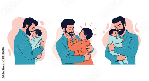 A collection of three touching illustrations showing a loving bearded father tenderly holding and hugging his baby and young son.