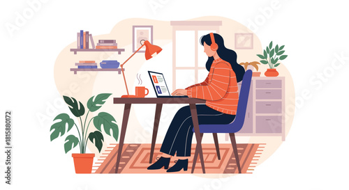 A focused woman wearing headphones works on her laptop at a cozy and stylish home office surrounded by plants and books.