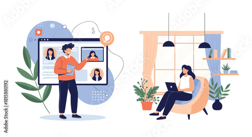 A split-screen concept illustration showing a man leading a video conference and a woman working remotely from her cozy home.