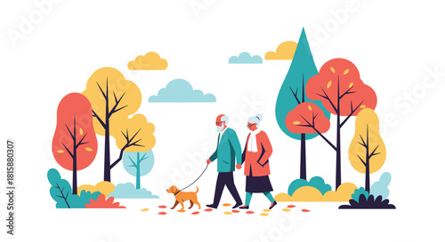 A happy elderly couple holding hands and walking their small dog through a beautiful park during the autumn season.