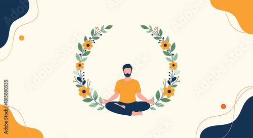 A calm man meditates in the lotus position within a circular frame of beautiful yellow flowers and green leaves.