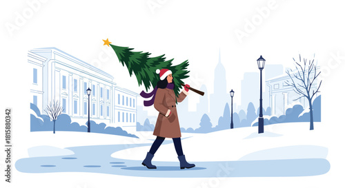 A woman in a winter coat and Santa hat is carrying a freshly cut Christmas tree home through a snowy city street.