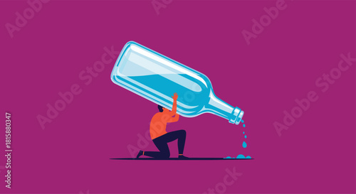A person is crushed under the immense weight of a giant leaking water bottle symbolizing a heavy burden or overwhelming struggle.