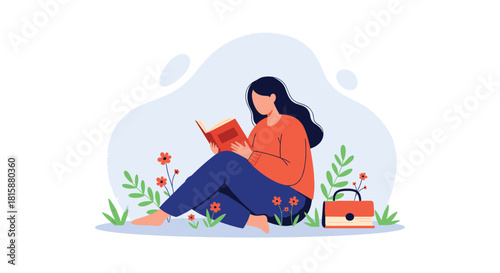 A young woman is sitting peacefully on the grass surrounded by flowers while enjoying reading a good book outdoors.