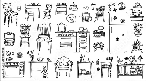Collection of kitchen furniture and items: chairs, table, fridge, stove, and kitchenware. Simple black and white vector illustration set.