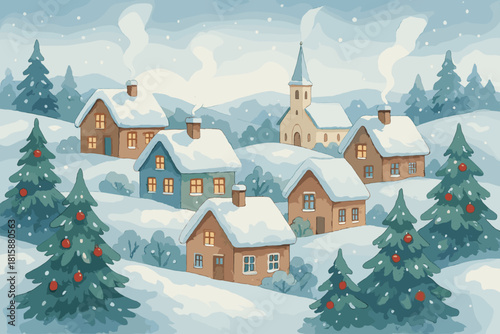 Charming Winter Village. Picturesque winter village with snow-covered rooftops and chimneys puffing gentle smoke. The scene is set on a rolling hill with a quaint. Vector illustration