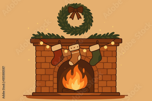 Cozy Christmas Fireplace. Cozy fireplace decorated with stockings and garlands. The fire crackles warmly, illuminating the room with a soft glow. Above the mantel, a. Vector illustration