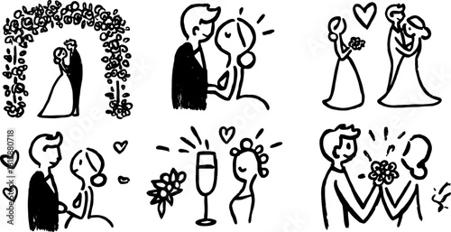 Wedding couple silhouettes in a hand-drawn style. Romantic vector illustration in a set capturing love and celebration throughout various moments.