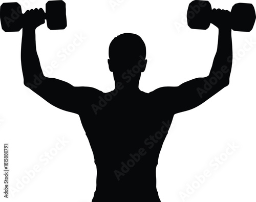 Silhouette of a strong person working out with dumbbells, showcasing fitness and strength, isolated on white background