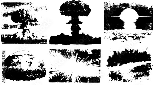Nuclear explosion forming a mushroom cloud. Black and white vector illustration showcasing dynamic effects and visuals in a striking composition.