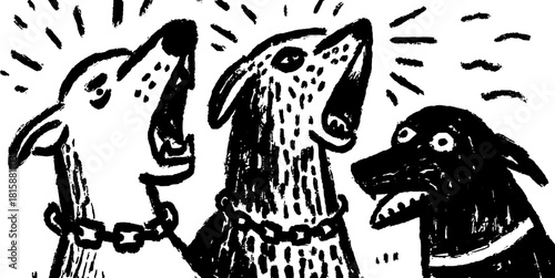 Barking dogs illustrated in a hand-drawn style. Black and white vector illustration featuring a group of expressive pets with chains.