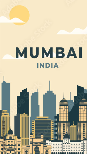 Mumbai city travel poster flat illustration