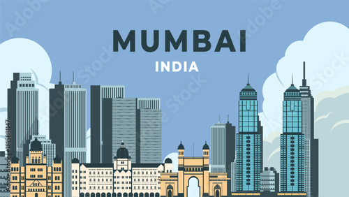 Mumbai city travel poster flat illustration