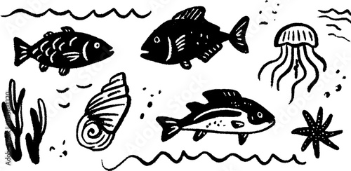 Fish, jellyfish, shell, and star. Black hand-drawn underwater elements in outline style for a vector illustration set.