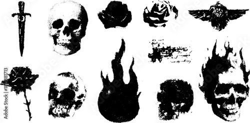 Skull, sword, rose, and fire illustrations in black and white vector style. A detailed set of gothic elements for dark themes.