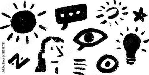 Illustration featuring various elements including a lightbulb, sun, and eye. Black vector graphic design with abstract symbols in a simple set.