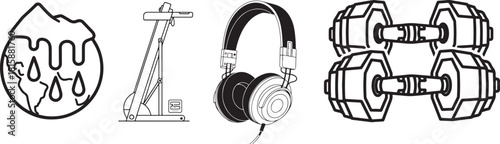 Monochrome Line Art Vector Collection of Fitness, Tech, and Nature Icons