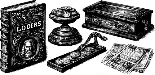 A vintage book titled "Loders" alongside various coins, a decorative cup, and a box. This detailed vector illustration showcases historical objects in a set.