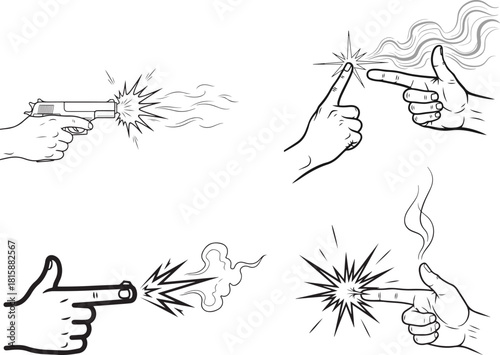 Monochrome Vector Illustrations: Handgun and Finger Gun Firing Effects Collection