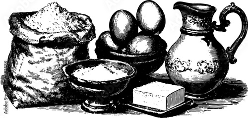 Engraving of kitchen items in a vintage style: a sack, bowls of eggs, a jug, and butter in a hand-drawn illustration set. Vector illustration showcasing classic food.