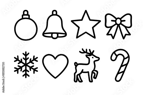 Festive Outline Icons. Holiday tree toys concept linear icon set: ball, bell, star, bow, snowflake, heart, reindeer, candy cane