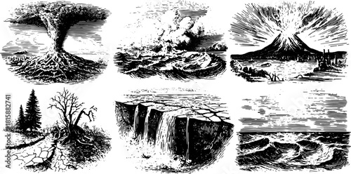 Volcano and tsunami scenes illustrated in vintage engraving style. Black line drawings are included in this landscape vector illustration set.