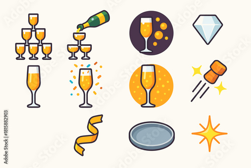 Isometric Champagne Icons. Champagne Towers flat icon set: pyramid of flutes, champagne stream, glowing bubbles, crystal shine, gold liquid, confetti rain, glitter background, cork