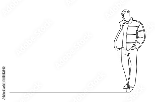 Continuous one line drawing of Male model wearing warm sweater. Single line drawing illustration of Young man in winter clothe. Cold weather fashion style concept vector art. Doodle line illustration.